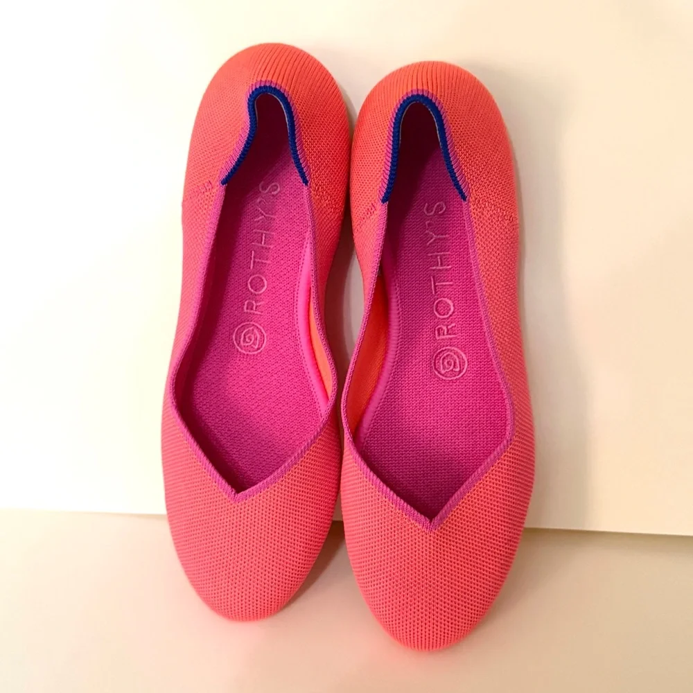 Rothy's Vibrant Pink Flats with Blue Accents - Picture 1 of 9